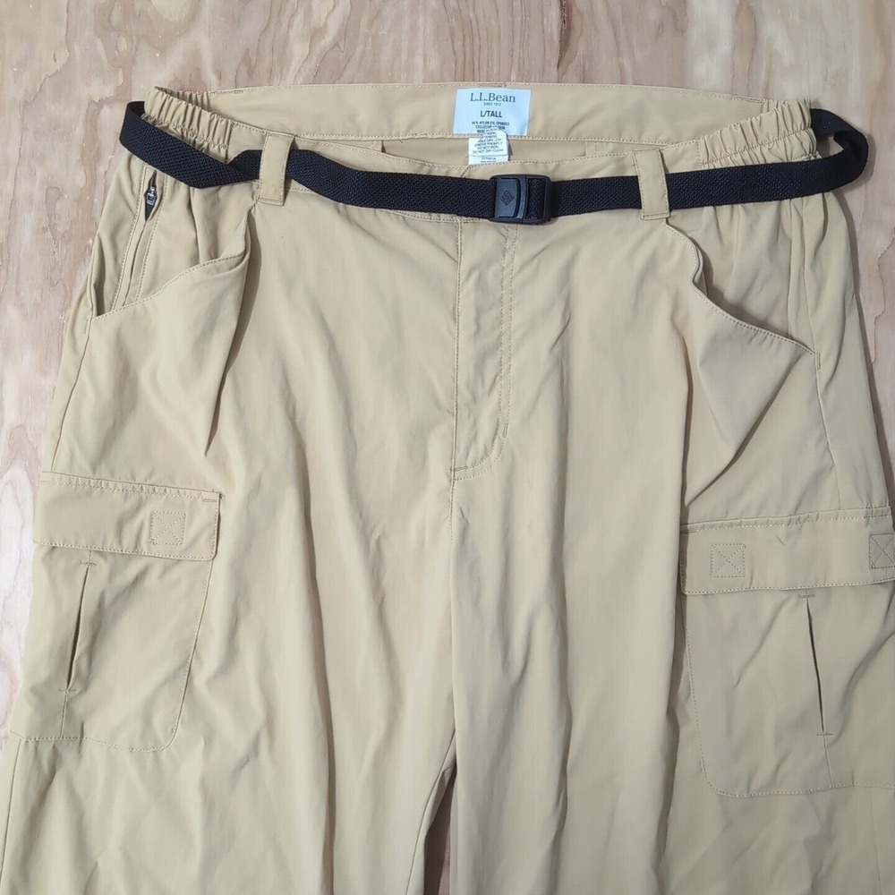 LL Bean Nylon Stretch Hiking‎ Pants Cargo Zip Pockets Yellow Tan Men's 35x34" LT